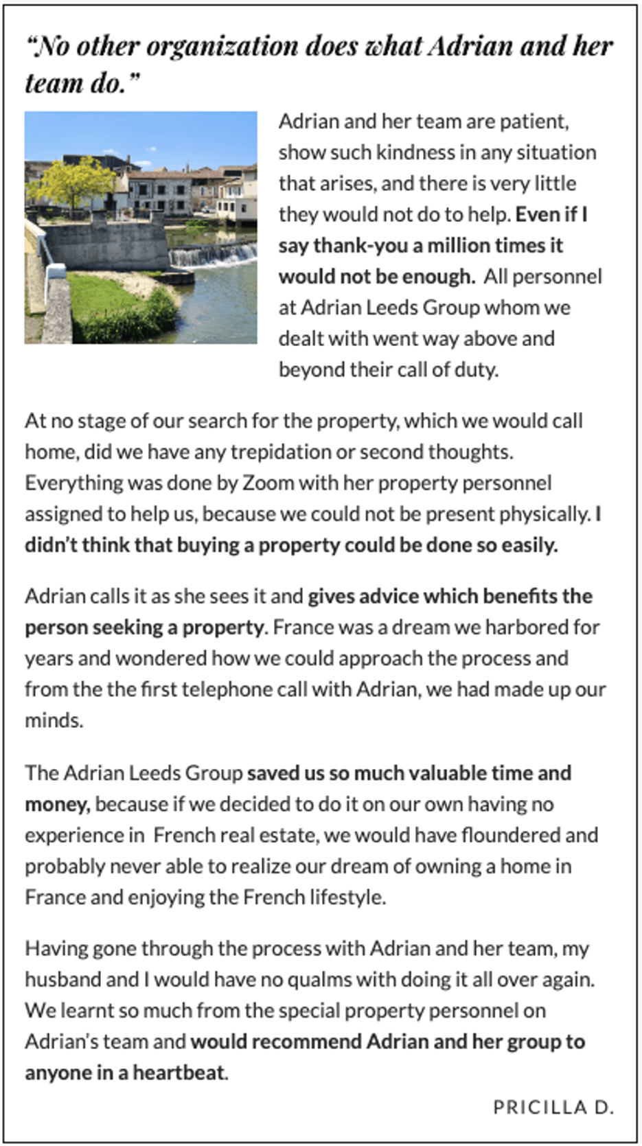 A testimonial to everything the Adrian Leeds Group does