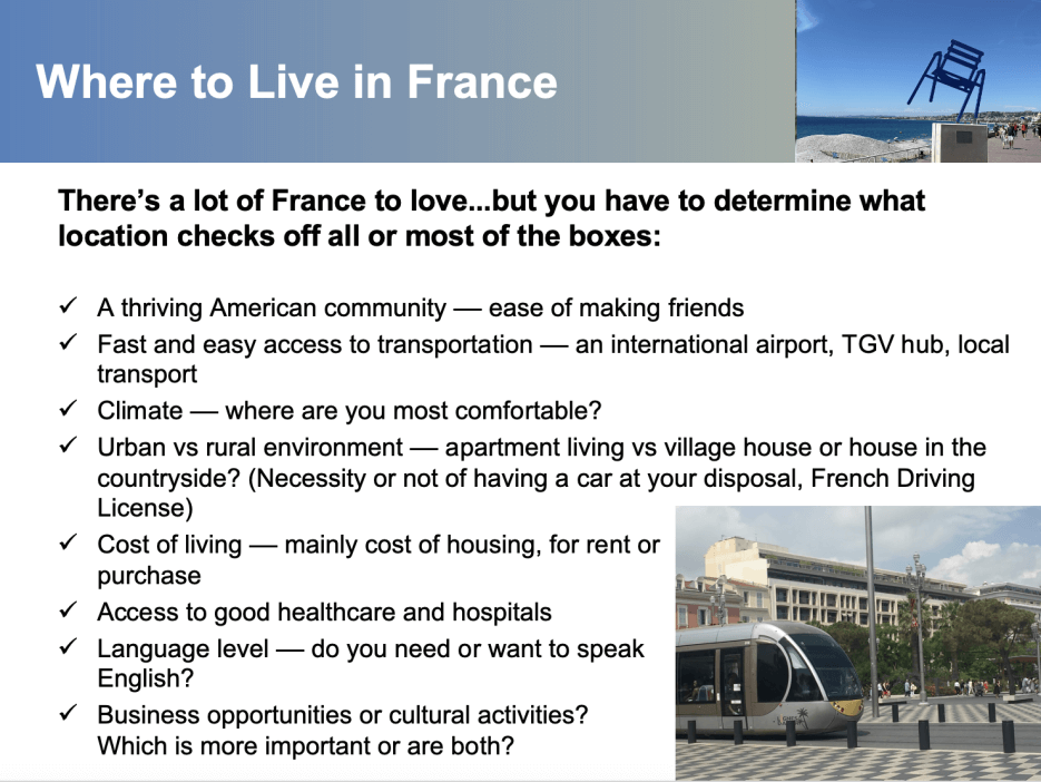 Slide from Adrian Leed's presentation on how to decide where to live in France
