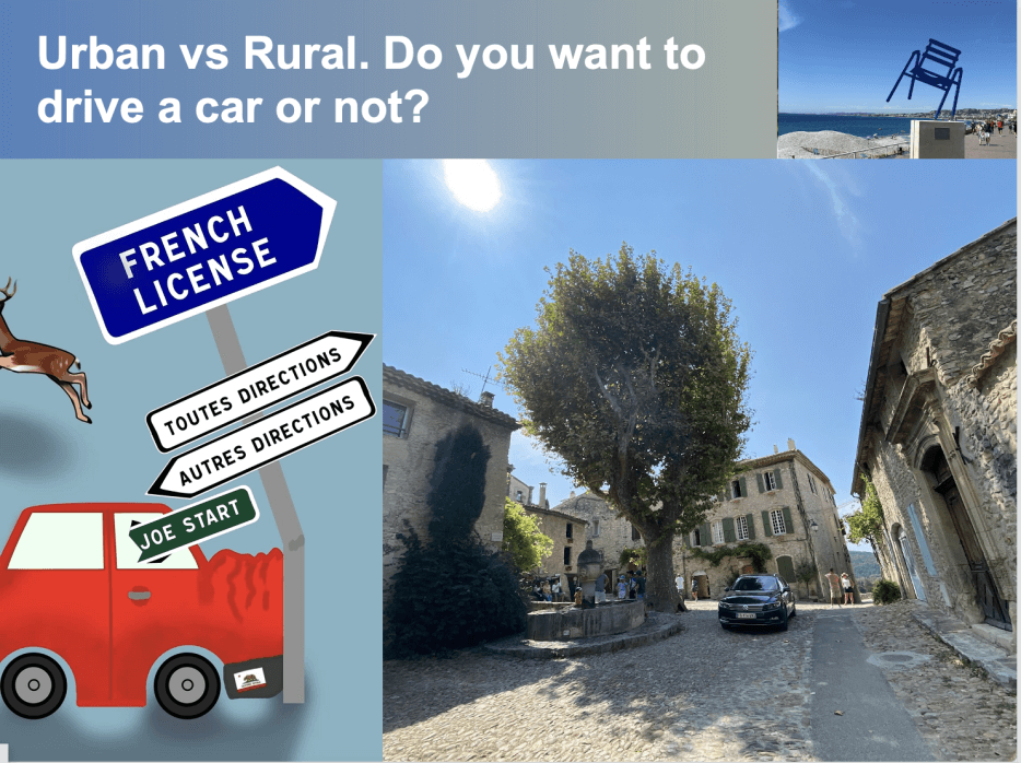 Slide from Adrian Leed's presentation on how to decide where to live in France