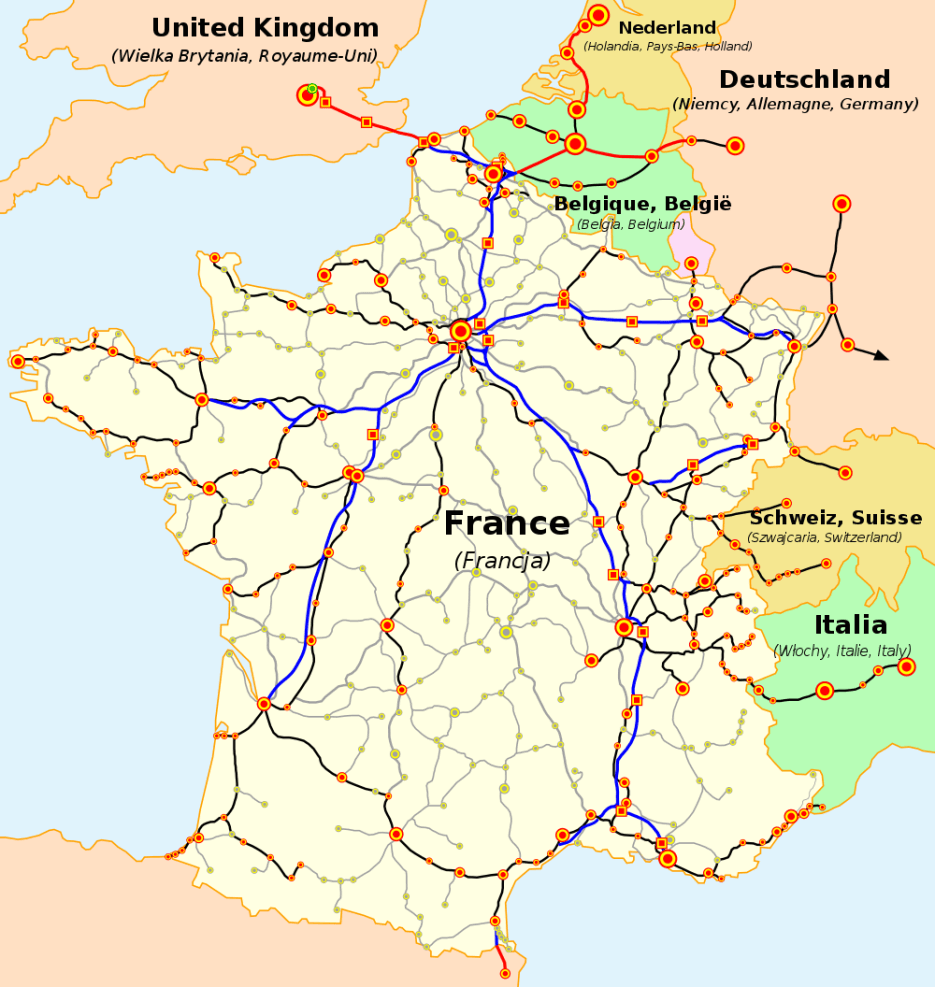 Map showing the TGV lines running through France