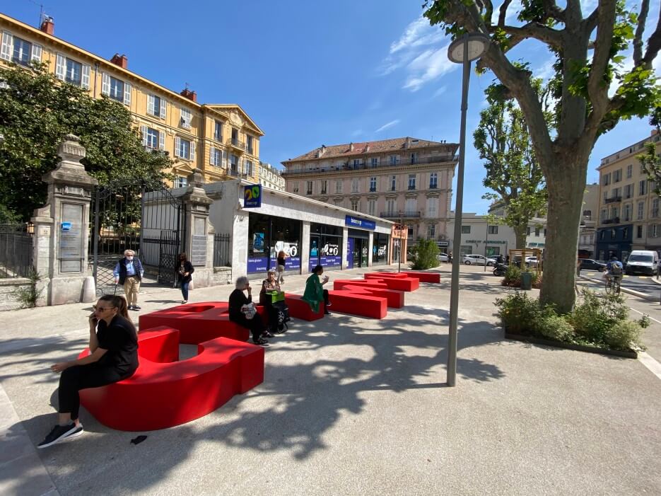 Large Red letters as seating set up in the Carré d'Or in Nice