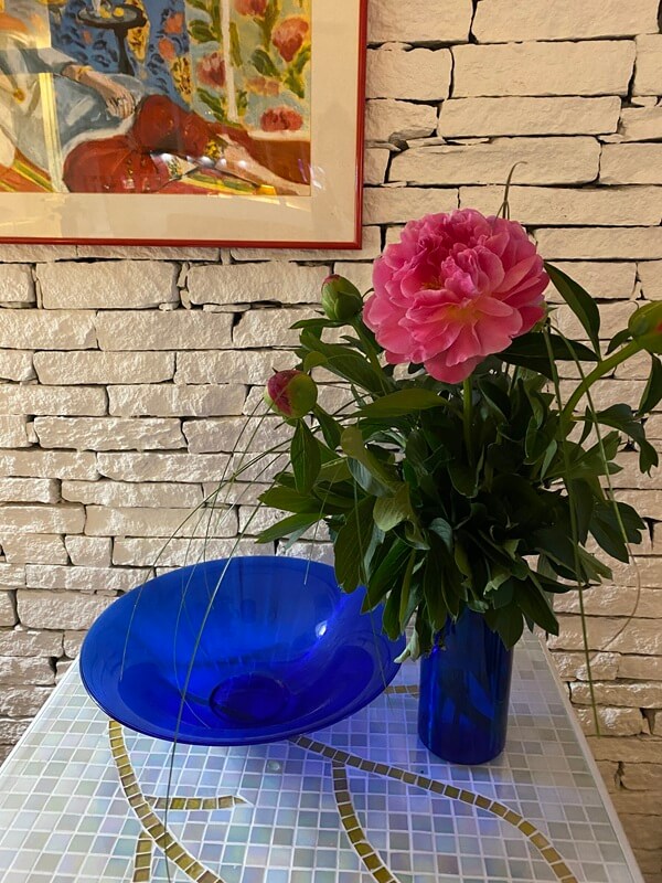 Adrian Leeds' blue bowl find in Jaffa that now has a place in her apartment in Nice, France