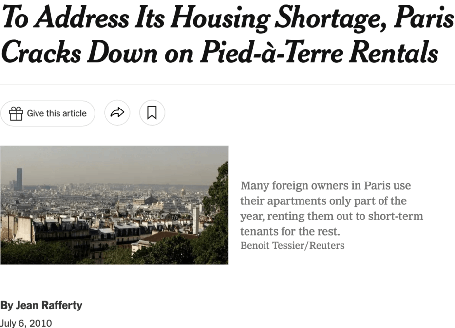 Screenshot of the article about the crackdown on vacation rental apartments in Paris