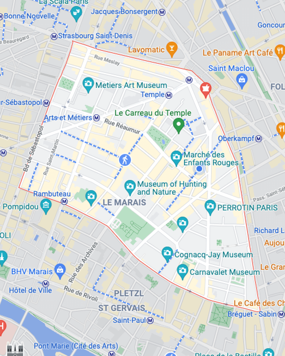 Google map deliniating the 3rd arronndissment in Paris