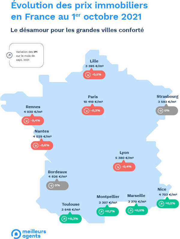 Map of France showing the evolution of property prices in the largest cities