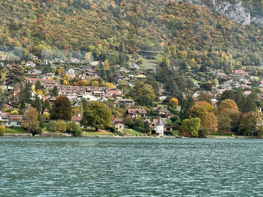 View from the lake of lakefront properties in Annecy, France