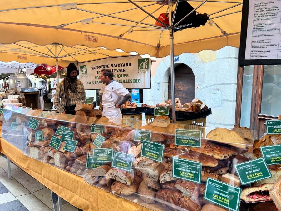 Boulangerie stand at the Market in Annecy, France