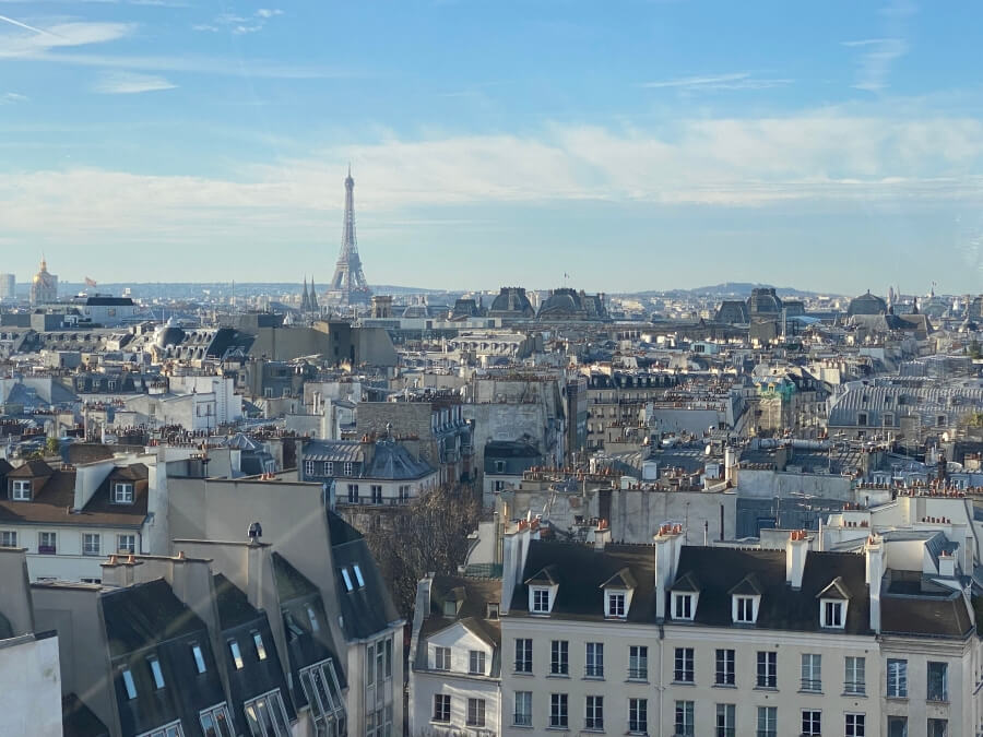 View of the Eiffel Tower over the rooftops of Paris