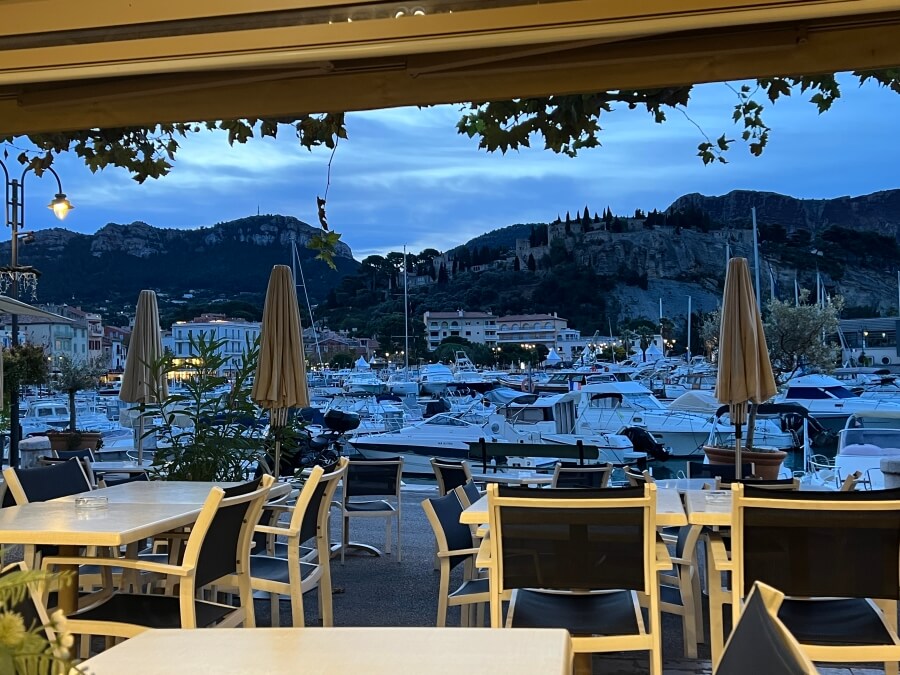 Daybreak over the port from the Hotel Le Golfe