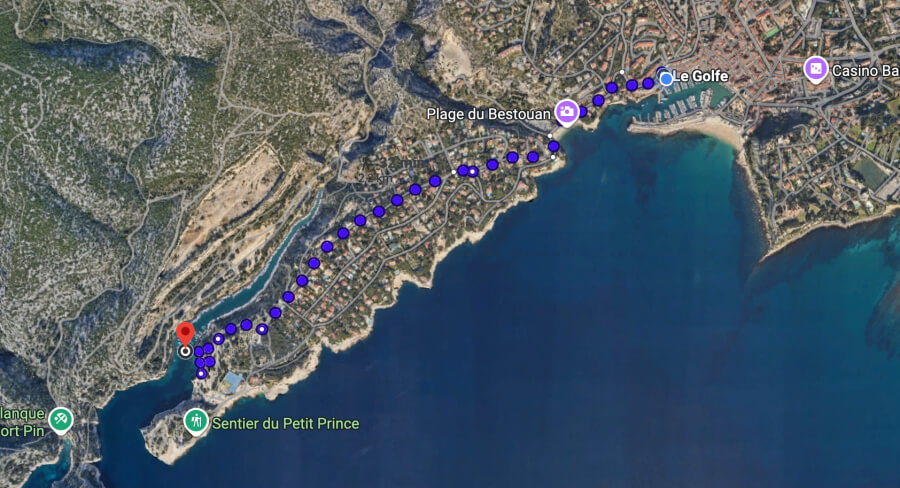 Satellite view over the trail for the hike between Cassis and Port Miou