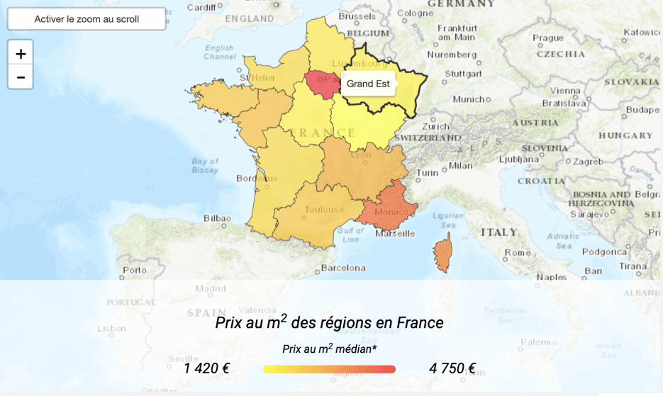 Interactive map of France highlighting the specific regions and colorized based on price