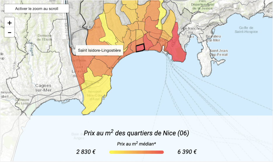 Colorized Map of Nice showing real estate price differences by neighborhood