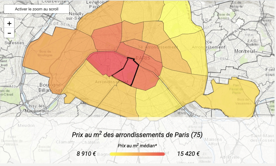 Colorized Map of Paris showing real estate price differences by arrondissement