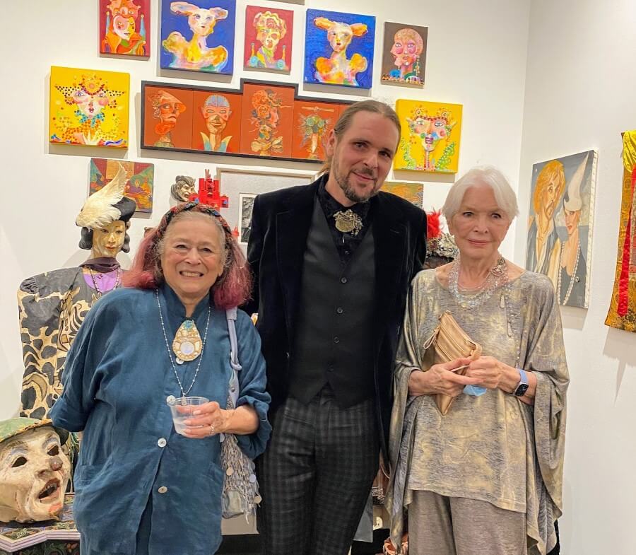 Joan Agajanian Quinn with Vishnu, Steven Arnold's Trustee, and Actress Ellen Burstyn at an exhibition opening of Arnold's work