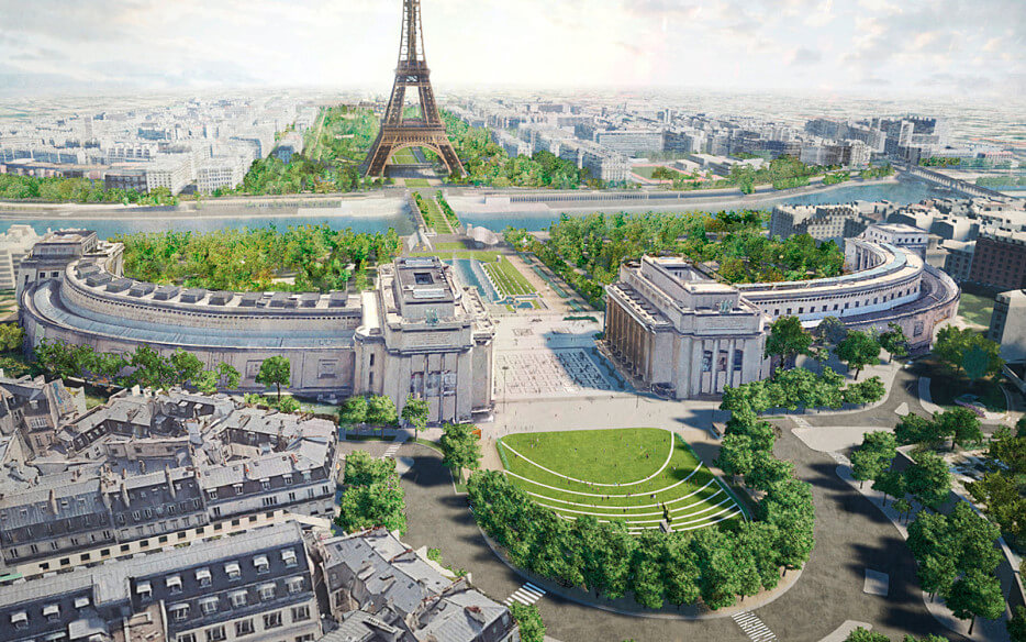Graphic rendering of the proposed updates to the areas around the Eiffel Tower in Paris