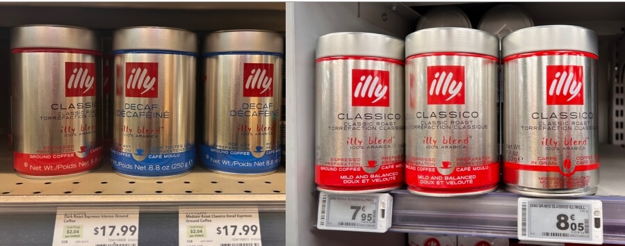 Comparison of the price on the same coffee in France vs the US