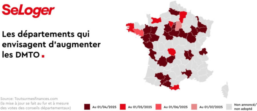 Map of France showing the various departments changing their tax rates