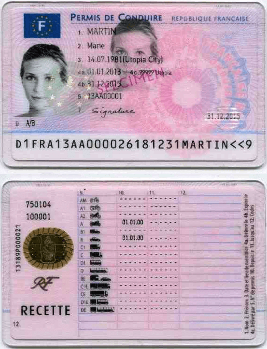 Example of a French driver's license, front and back