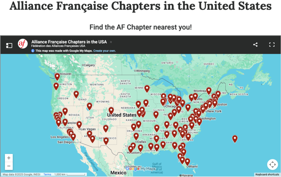 Map pinpointing the Federation of Alliances Françaises chapters around the US