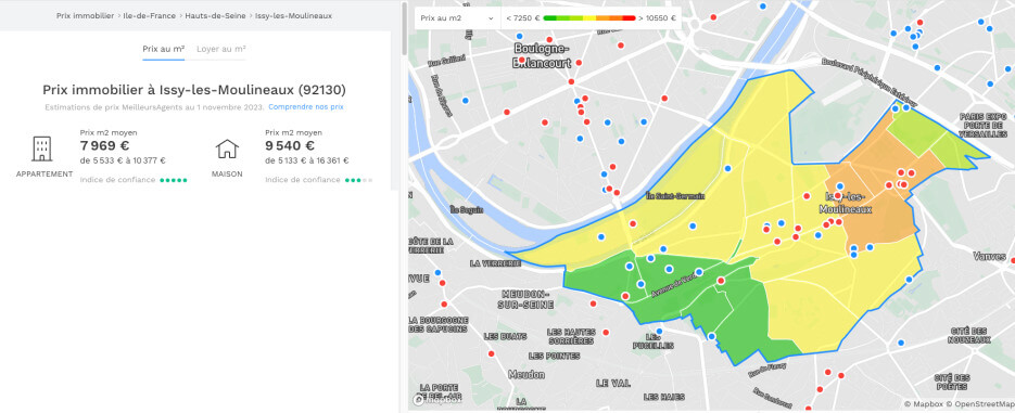 Map delineating the Issy-les-Moulineaux suburb of Paris along with real estate averages