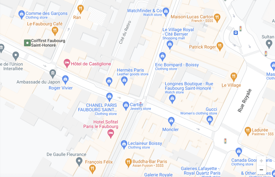 Google map of rue du Faubourg Saint-Honor in Paris
