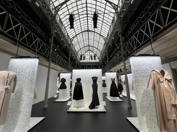 Dresses on display at the Azzedine Alaïa and Christian Dior, Two Masters of Haute Couture exhibit