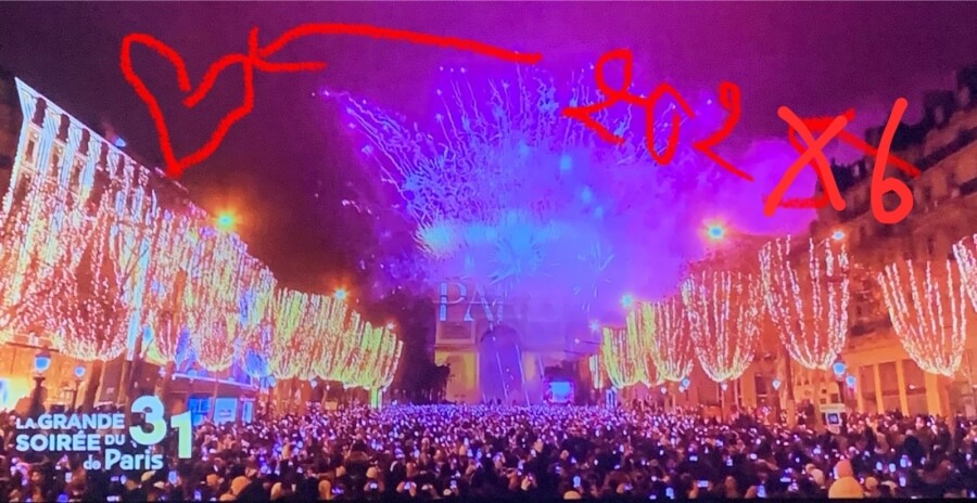 View of the New Year's Eve display at the Eiffle Tower in Paris