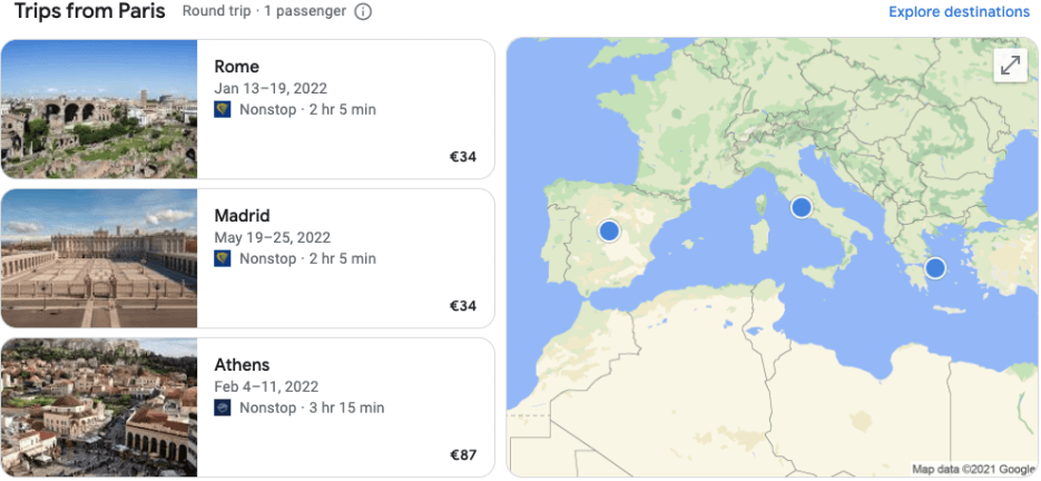 Map of and examples of flights and fares in Europe