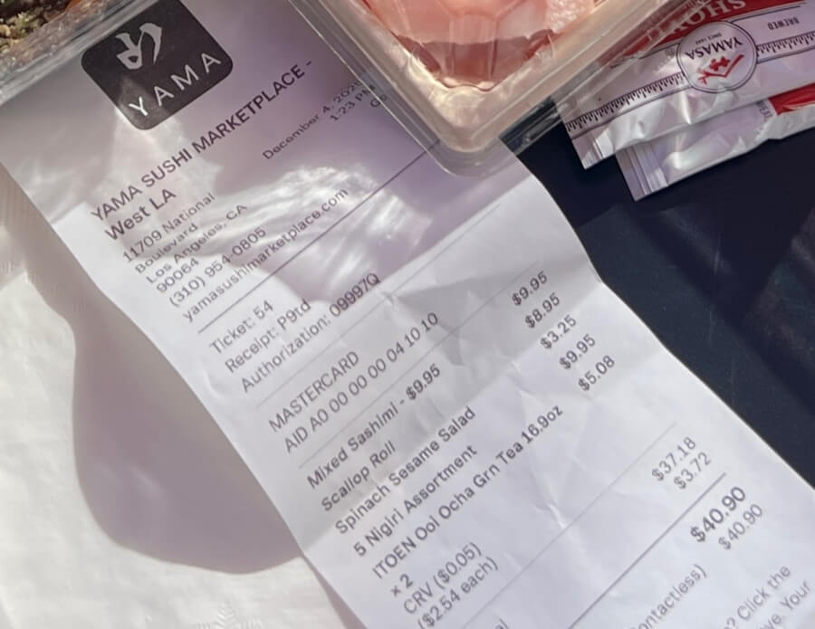 Adrian Leeds' receipt for purchases at Yama Sushi Marketplace in Los Angeles, CA