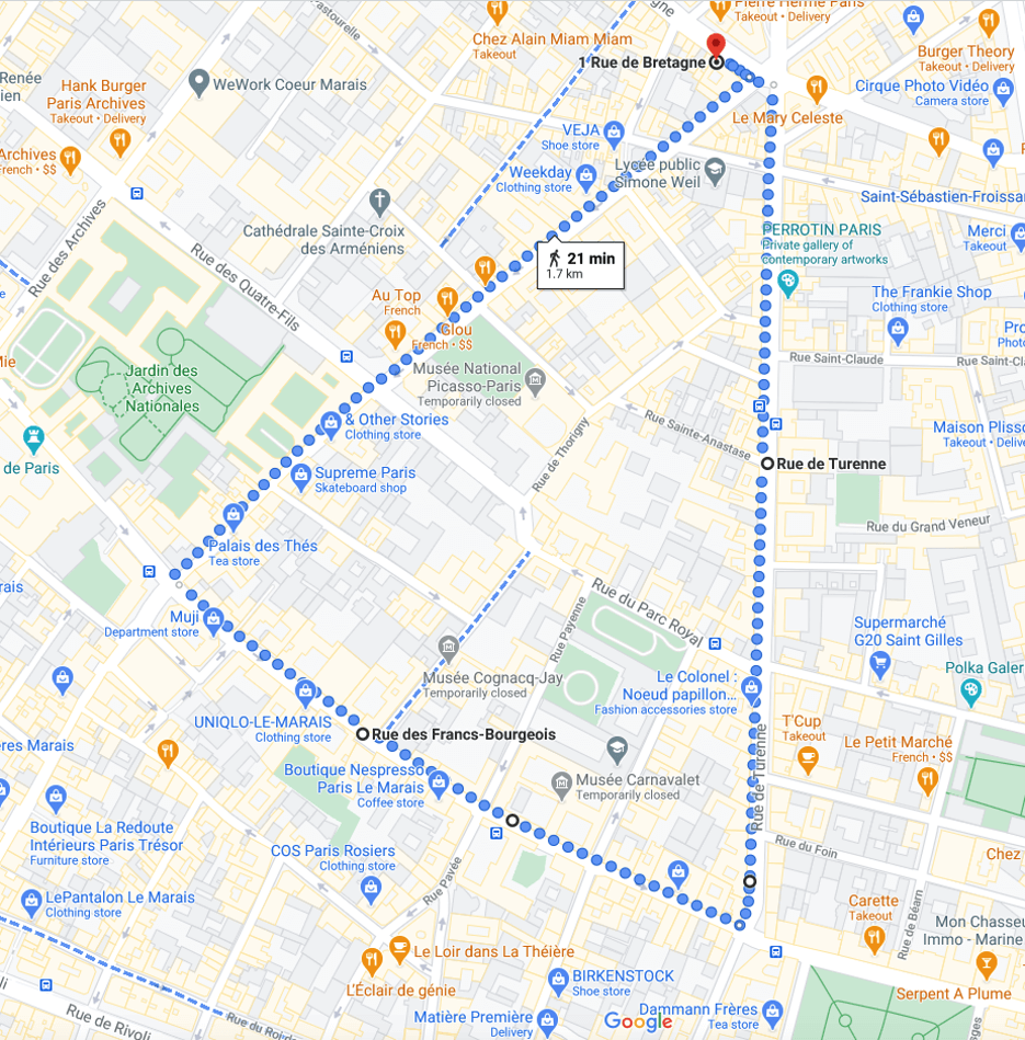 Adrian Leeds walking triangle in Paris on a map