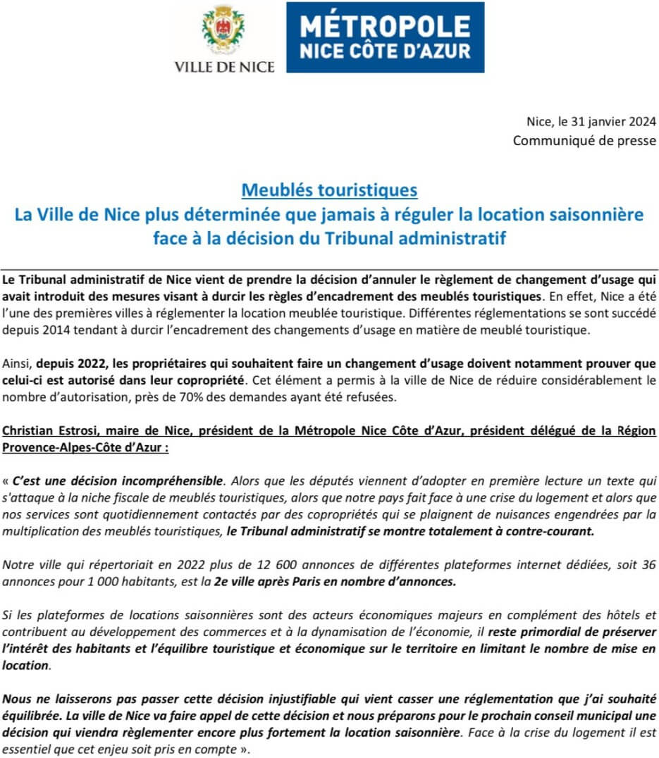 The city letter of regulating short-term rentals in Nice