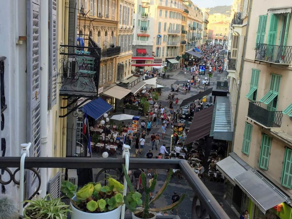 The view down the street from Adrian Leeds' Nice apartment balcony