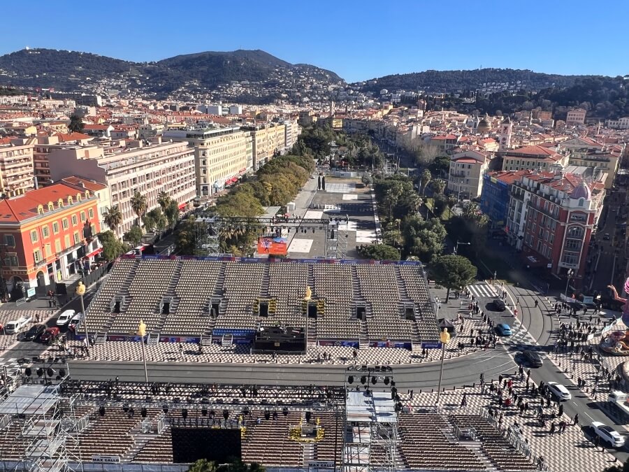 Aerial view of the Prominade de Paillon set for the Carnival parade in Nice, France
