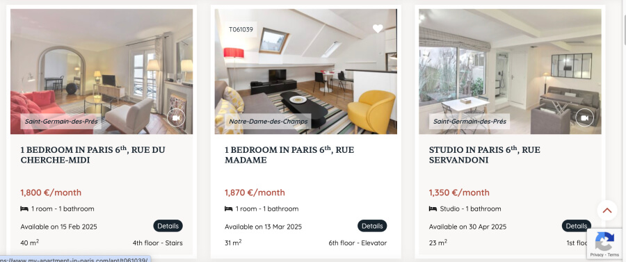 Listings for rental apartments in Paris