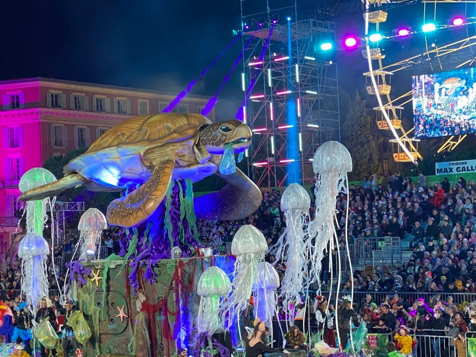 Under the sea float with a giant turtle in the Carnaval de Nice parade