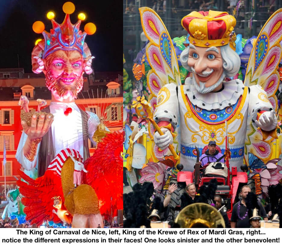 Side by side comparison of King Rex in Mardi Gras parade and the king of carnaval de Nice