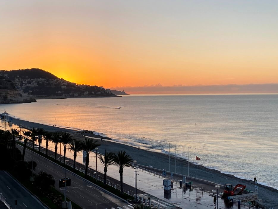 The Baie des Anges in Nice at sundown
