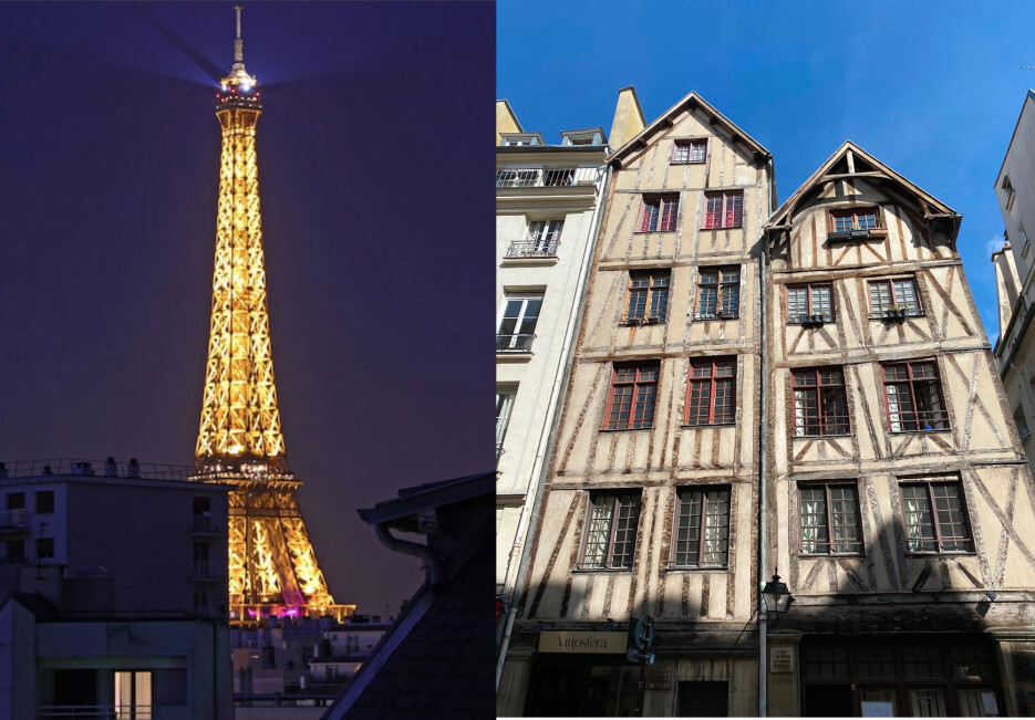 Image of the Eiffel Tower along side one of the oldet buildings in Paris