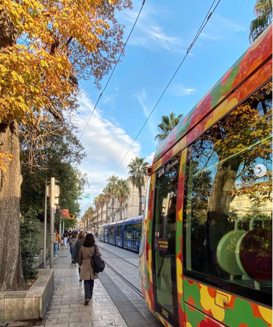 The colorful tramway cars in Montpellier