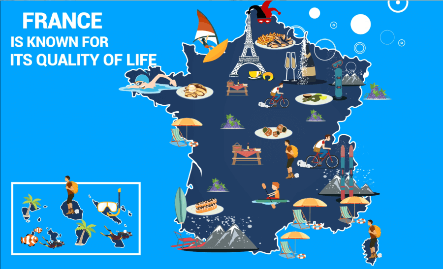 Graphic map of France extolling the quality of life virtues around France