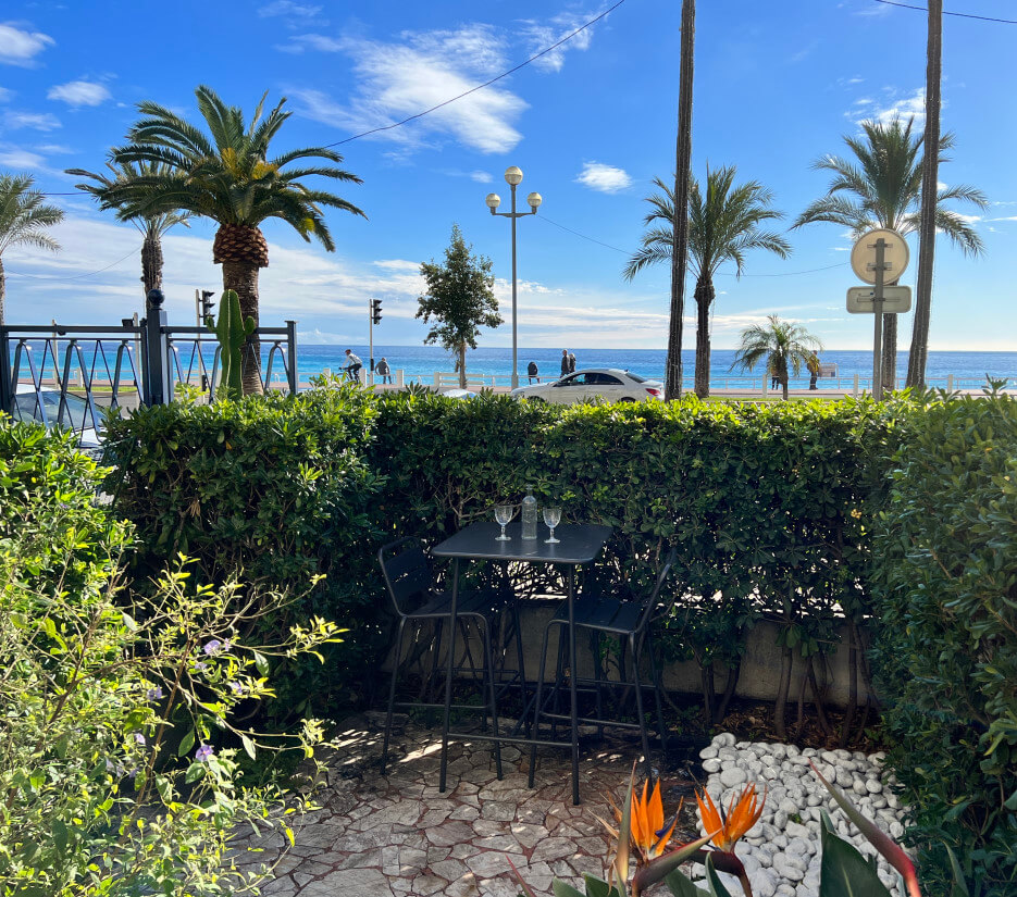 View of the sea from the garden of Le Jardin de la Promenade in Nice