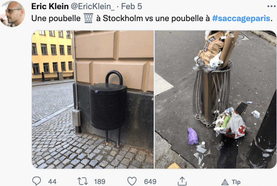Twitter post to Soccage Paris with evidence of Paris trash