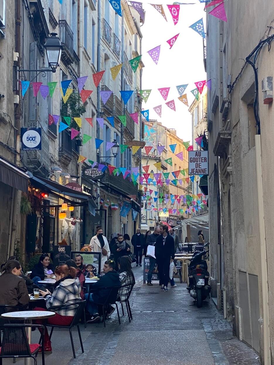 A pedestrian street in the historic center of Montpellier, France