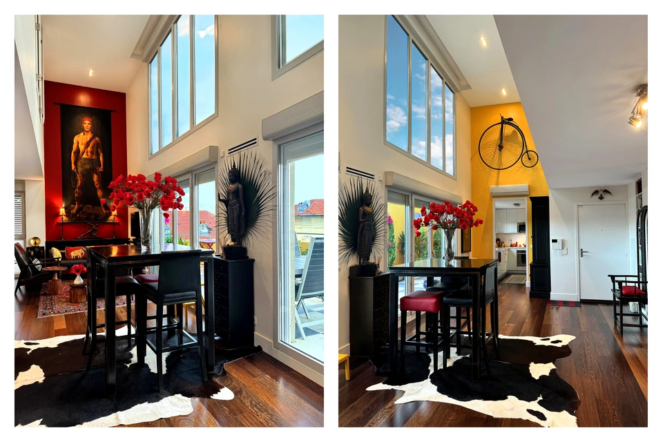 2 views of the living and dining area at 4 ave Cyrille Besset, Nice duplex penthouse