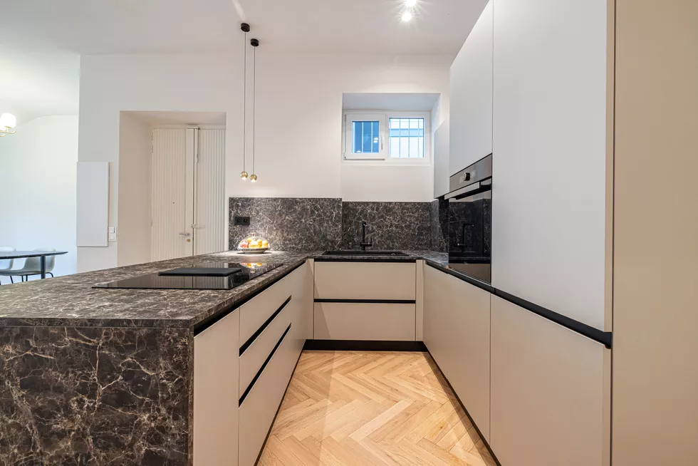 Kitchen with open plan to living and dining and a window - modern and renovated kitchen 20 avenue du Maréchal Foch Nice