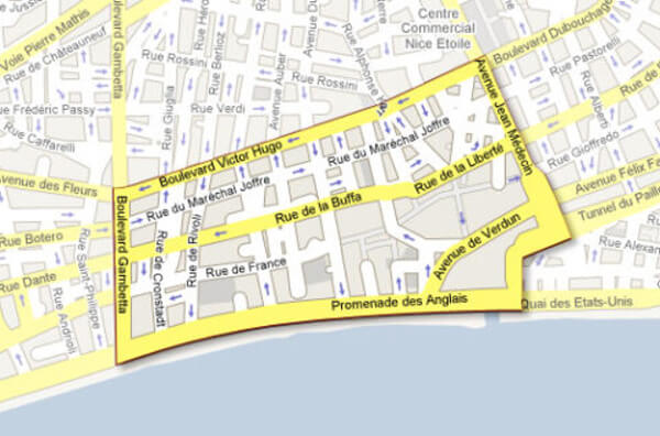 Map deliniating the Carré d'Or in Nice, France