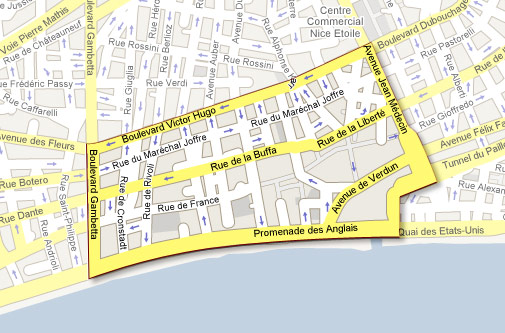 Street map of Le Carré d'Or in Nice France