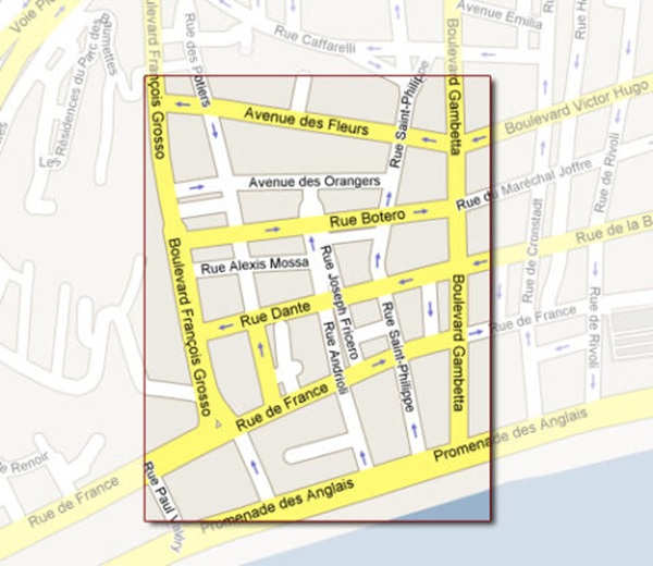 Map of the Quartier des Fleurs in Nice, France