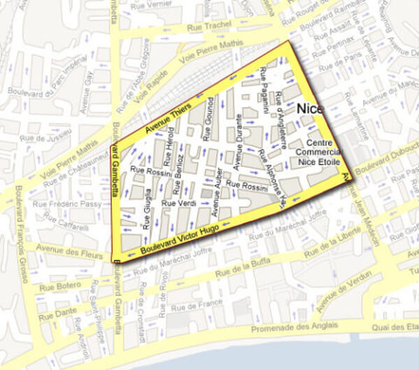 Map for the Quarter Musiciens in Nice, France