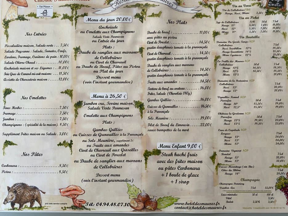 Bar des Maures menu